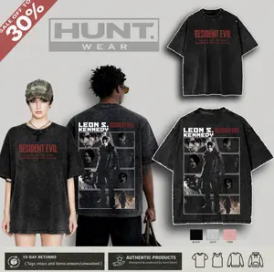 Resident Evil Requiem - Leon S Kennedy RE9 horror Game Washed Tshirt 2 Sided Cotton unisex graphic tees game anime manga movie Menswear Casual gamer merch t-shirt Clothes Top