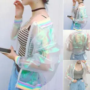 2026 New Women Iridescent Laser Transparent Coat Jacket Holographic Coat Rainbow Baseball Windbreaker Coats Woman Clothing