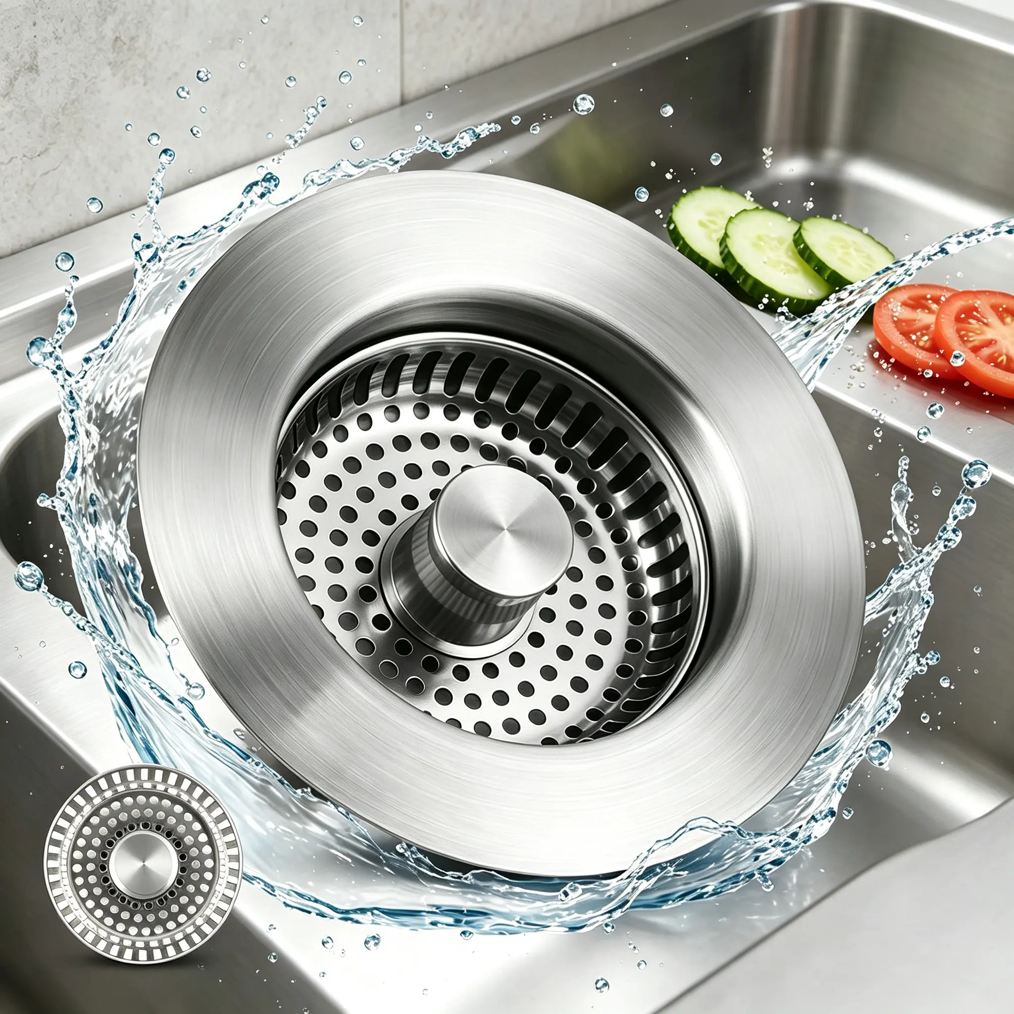Standard sink,Upgraded 3-in-1 Kitchen Sink Drain Strainer, Stainless Steel Pop-Up Stopper, Anti-Clogging Basket, Fast Drainage Plug, Fits US Standard 3.5-Inch Drain