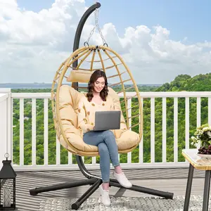 YITAHOME Egg Hanging Swing Chair with Stand Egg Chair Wicker Indoor Outdoor Hammock Egg Chair with Cushions 330lbs for Patio, Bedroom, Garden and Balcony, Light Gray