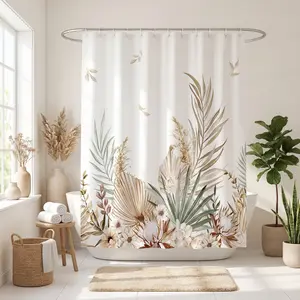 Modern Botanical Polyester Shower Curtain in Soft Neutrals, A Light and Serene Bathroom Statement