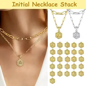 Initial Two Chains Layered Necklace Set Dainty Paperclip Choker Chain Necklace Stack Hexagon A to Z Letter Pendant Alphabets Necklace Black Friday Christmas Gift for WomenGift