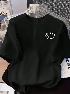 A simple Fitted crew neck T-shirt with a smiley face design, perfect for a casual summer date.