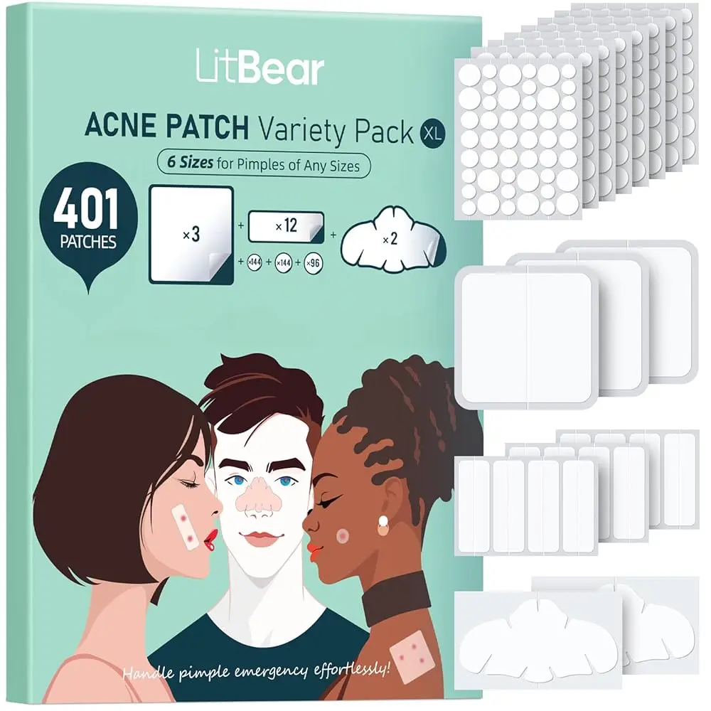 LitBear Large Pimple Patches for Face (6 Sizes 401 Patches), Big Hydrocolloid Acne Patches, XL Hydrocolloid Bandages for Body, Cheek, Forehead, Chin, Full Face, Back, Nose, Acne patch & Pimple patch, Father Day Gift, #DealsForYouDays