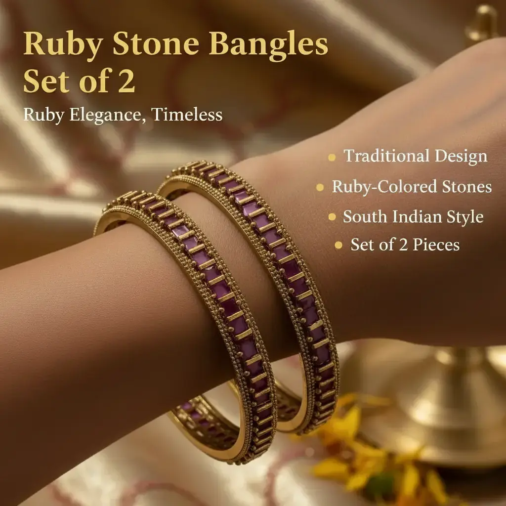 South Indian Beautiful Bracelets for Women, Set of 2 Metal Coated with Ruby-Colored Stones - Elegant Pairing for Anniversary & Special Occasions, Elegant Bangle, Female