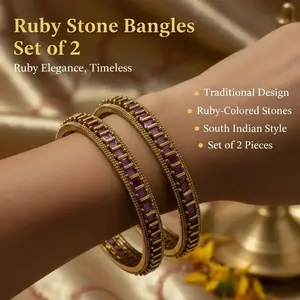 Traditional South Indian Bangles in Ruby Colored Stone. Set of 2 Pieces. South Indian Style. Perfect for Any Occassion