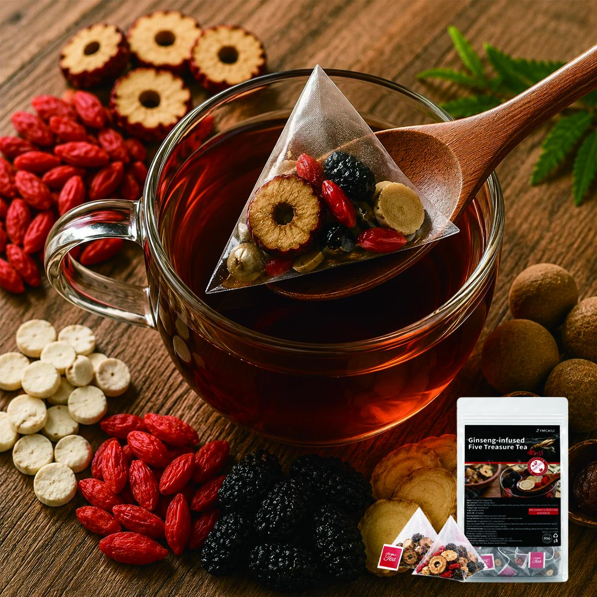 Organic Ginseng 5-Treasure Kidney Tea, Herbal Cleanse Detox Formula with Red Dates, Mulberries, Health Tea for Men and Women