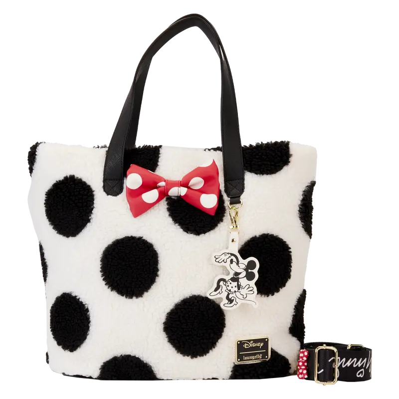 Loungefly Disney Minnie Mouse Polka Dot Sherpa Tote Purses with 3D Bow and Removable Adjustable Shoulder Strap