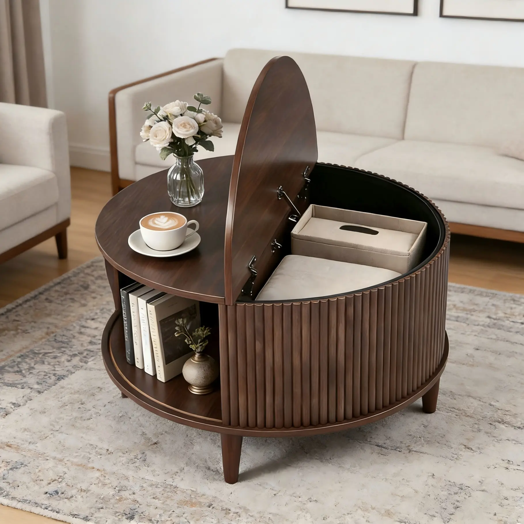Functional Circular Retro Coffee Table - Double-Layer with Sliding Doors, Solid Wood-Metal Frame, 110lbs Capacity, Space Saving Living Room Indoor Furniture, Tables & Desks