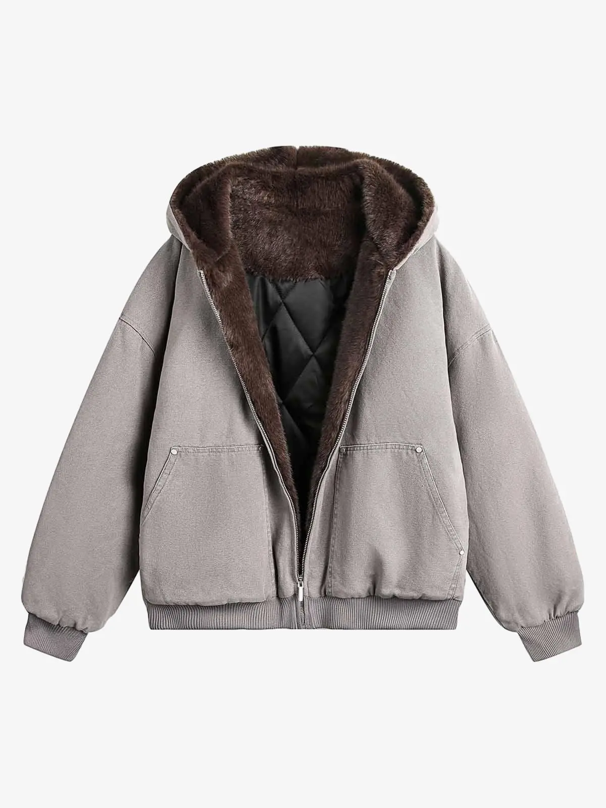 Supermade Men's Casual Zipper Jacket - Hooded Long-Sleeve Winter Outerwear with Faux Fur Thermal Lining, Snug Fit, Tear-Resistant Zipper, Ribbed Cuffs