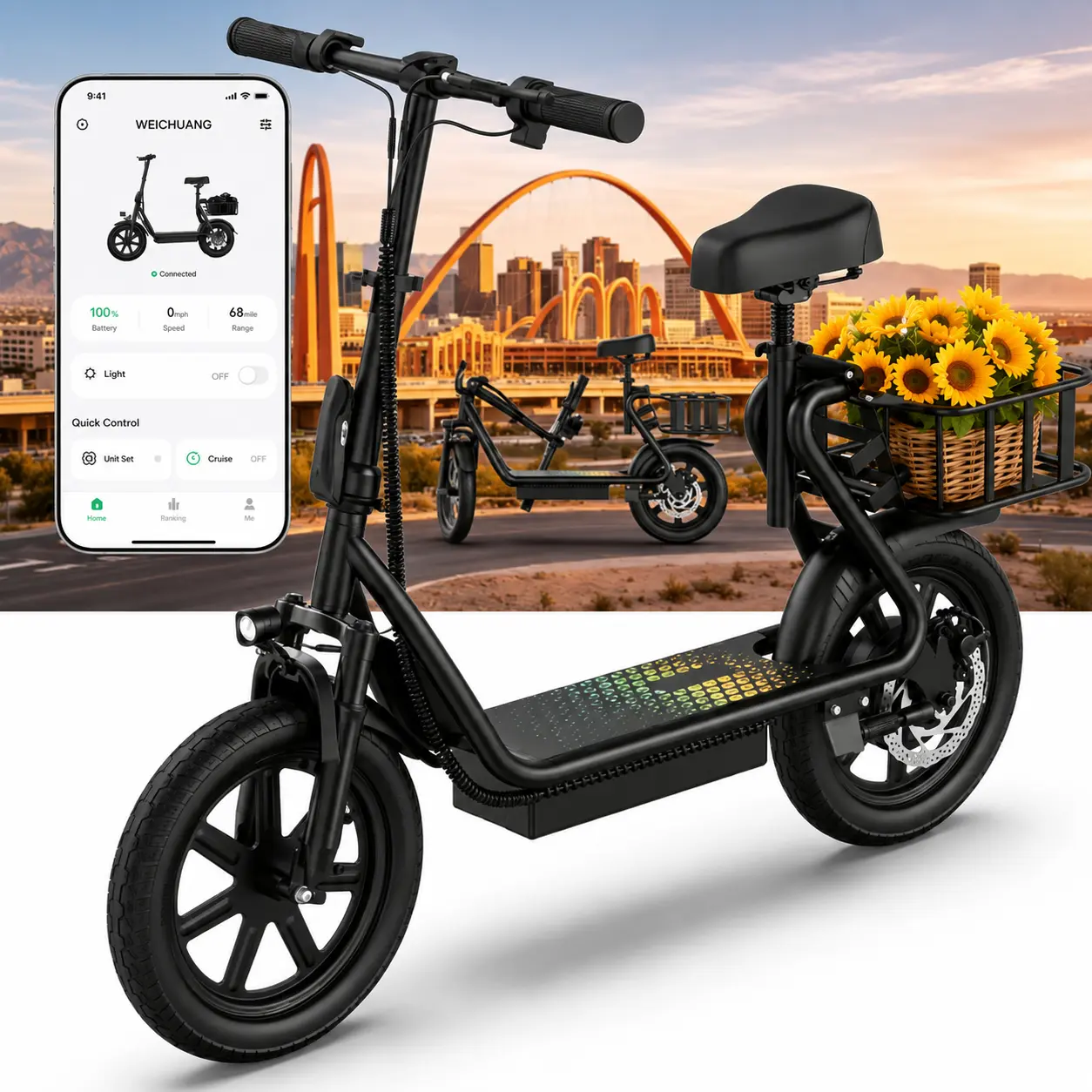 Electric Scooter for Adults with Seat,48V 10.4Ah Battery, Top Speed 22 mph, Driving Range 21-27 Miles, Pet-Friendly Design with Rear Basket