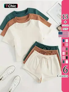 Women's Classic Four-Season Pajama Set, Round Neck Short Sleeve Fitted Top & Elastic Comfortable Shorts, Casual Loungewear, All Seasons, Wardrobe Essential, Cozy, Soft Touch, Simple Style, Hourglass Style