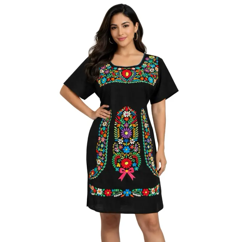 sachin and babi light blue dress Mexican Dress Puebla – Hand Embroidered Floral Design