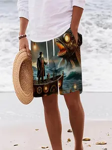 Deep Sea Mechanical Monster! Men's Beach Pants with Drawstring, 3D Printed Steampunk Style, Loose-Fitting All over Print