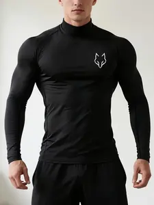 Men's Muscle Fit Gym T-Shirt, Wolf Head Print, High Neck Design, Breathable Stretch Fabric, Outdoor Exercise, Running, Hiking, Training, Athletic Sports Clothing, Gym Workout Tee, Breathable Workout Tops, Fitness T Shirt