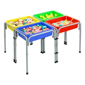 【FathersDayGift】VEVOR Sensory Table for Toddlers, Kids 4-Station Sand and Water Adjustable Play Table with Detachable Storage Bins and Non-Slip Feet, Carbon Steel Frame, Rounded Corners, for Boys and Girls Exploring