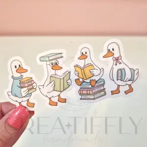 Geese Reading Books Sticker - Waterproof Glitter or Glossy Stickers 1.5" x 4.5" Size Customizable for Kindle Book or Tablet Durable Stylish Design