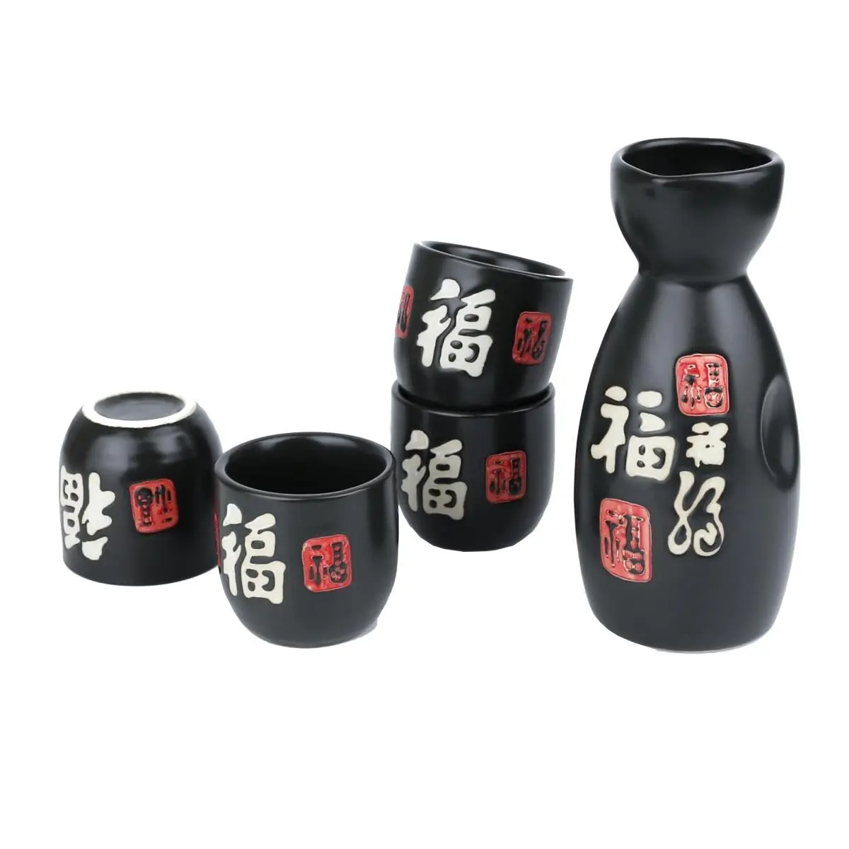 Tayama MT-C01 6 oz Glazed Ceramic Black Sake Tokkuri Bottle & 4 Ochoko Cups 5-Piece Bar Set - Durable Kitchenware, Elegant Concave Pour Design, Comfortable Thumb Fit, Gift-Ready for Sake Lovers, Gift For Sake Lovers