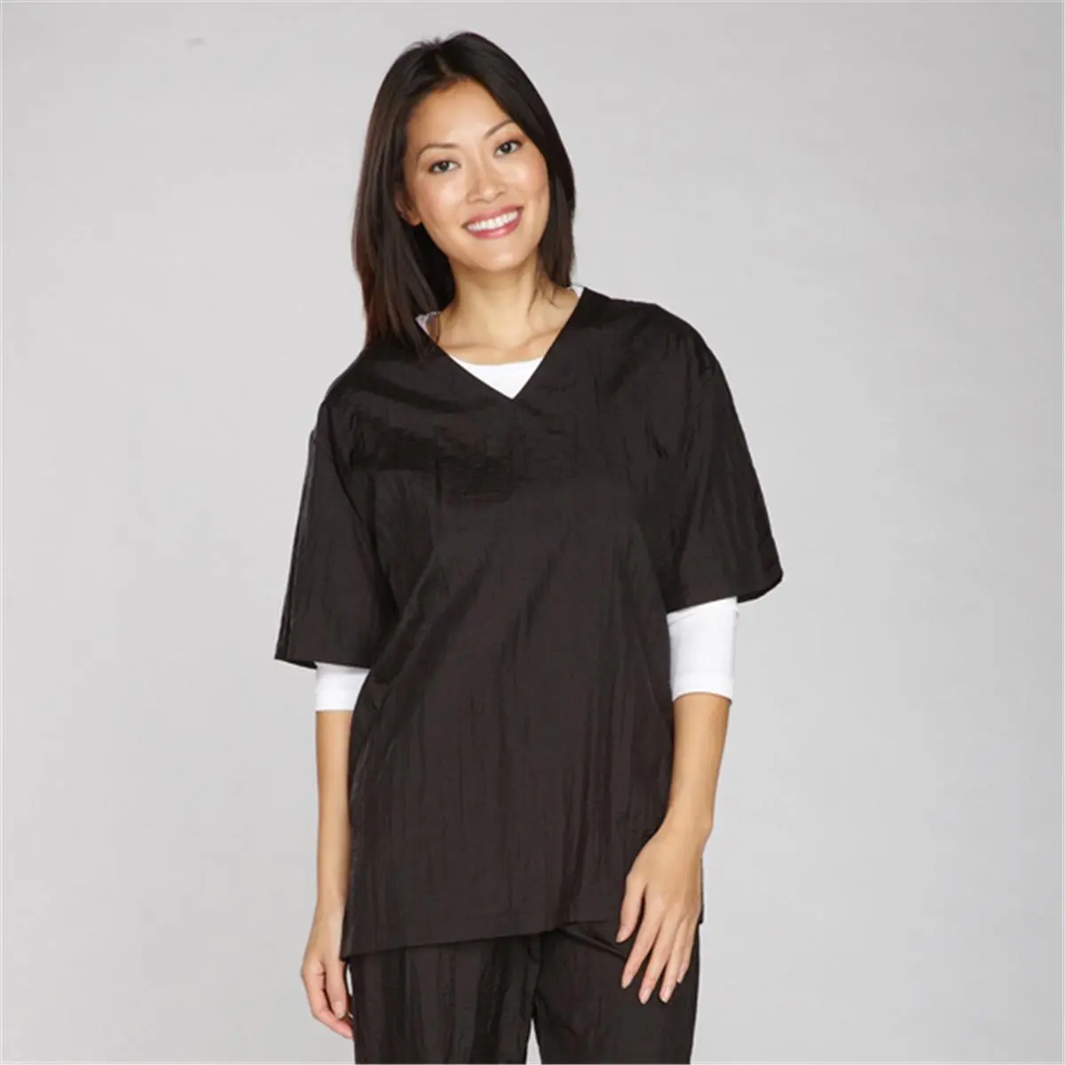 212 MAIN TP397 Top Performance Woven Crinkle Nylon Pet Grooming Smock Pullover Workwear Clothes - 14.77 Nylon, Short-Sleeved, V-Neck, Comfortable, Solid, Machine-Washable, Stain-Proof, Water- and Stain-Repellent, Pants-Coordinating, Plum, Small