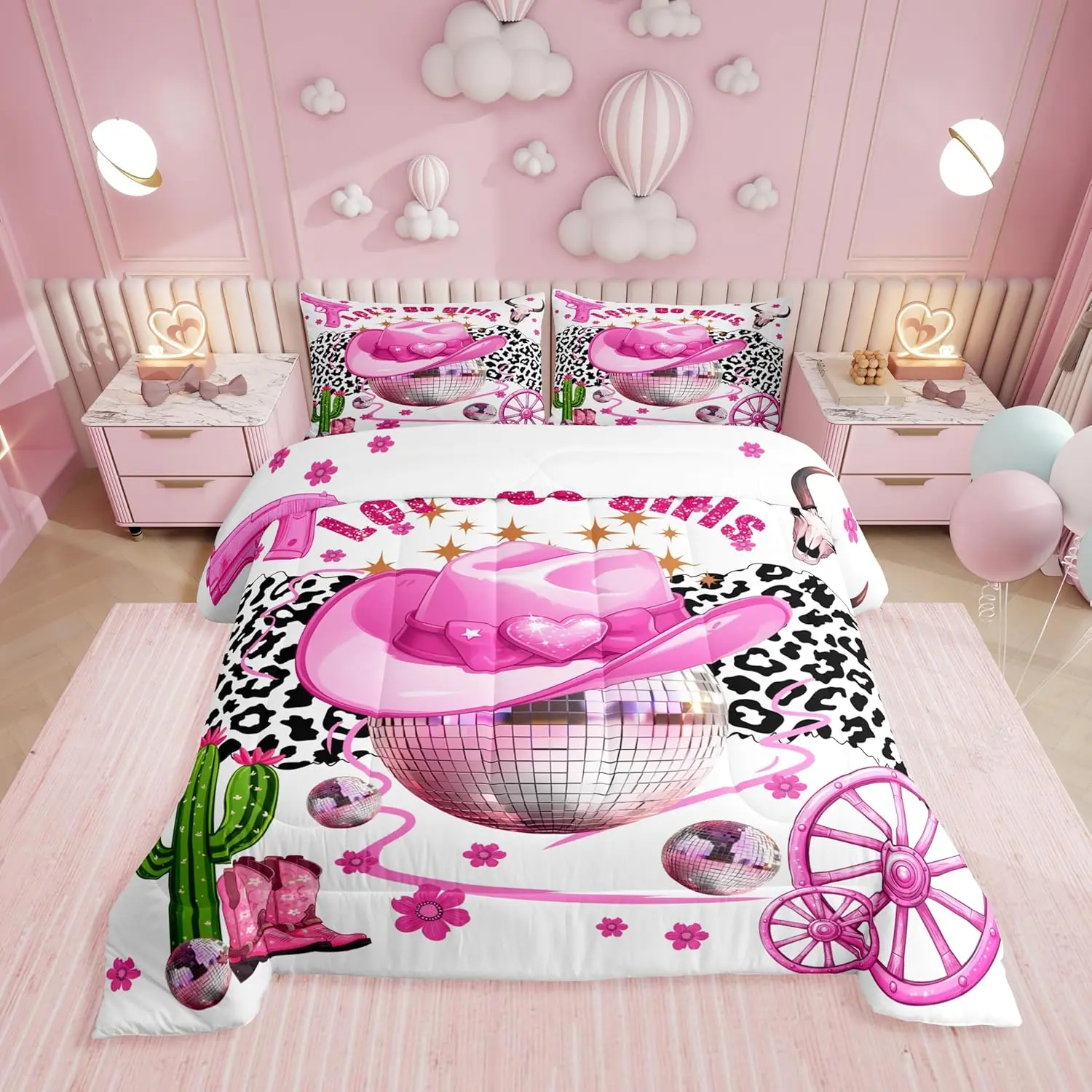 Feelyou Cute Western Theme Microfiber-Filled Polyester Bedding Set - Flower Printed, Pink Disco Ball, Cowgirl Hat, Boot, Milk Cow Print, Floral Bull Skull, Cactus Comforter, Multi-Size Twin Option for Girls, Flower Printed Bedding