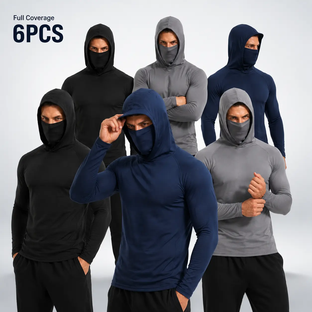 6-Pack Men's Quick Dry Hooded Athletic Shirts with Built-in Face Cover, Long Sleeve Compression Performance Tops, Lightweight Breathable Sportswear for Gym, Running, Fishing, Hiking & Outdoor Activities