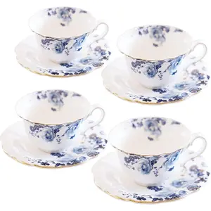 Blue and White Ceramic Teacup and Saucer Set of 4, Porcelain Drinkware for Home & Festive Use