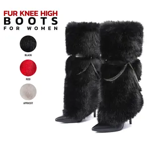 VIMISAOI Womens Faux Fur Knee High Boots Fold Over Pointed Toe Stiletto High Heel Side Zipper Chains  Snow Boots Comfortable Fashion Party Dress Trendy Boots