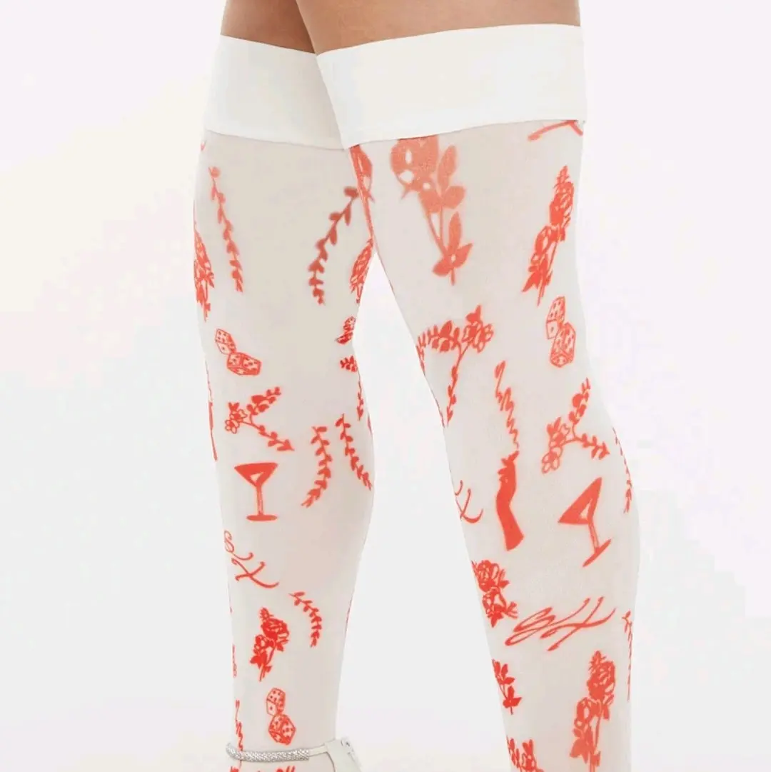 Savage X Fenty "Skrew Leg Day"  Roasted Red Fresh Ink Stay Up Thigh High Stockings for Women Womenswear Elegance