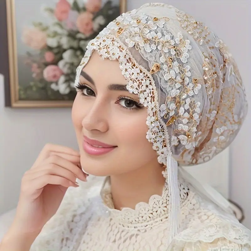 2024[Elegant Polyester Hijab Cap] 1pc Elegant Polyester Hijab Cap - Handmade Embroidered Hijab with Toggle Closure, Elastic Fit, Yarn-Dyed, Jacquard C