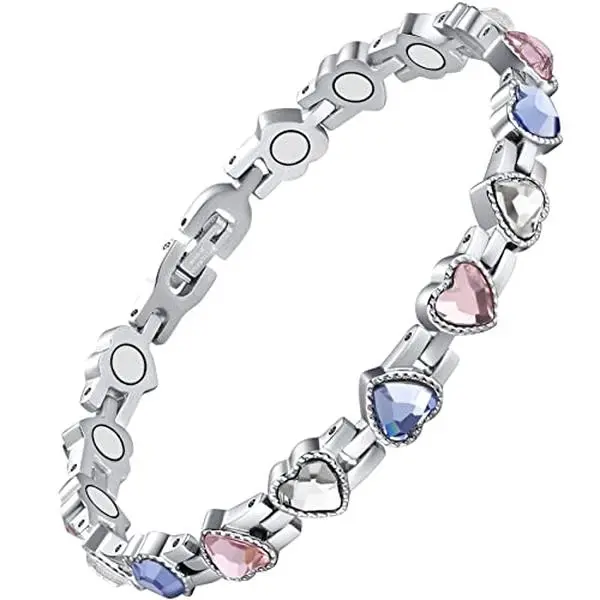 Women's Magnetic Heart Crystal Bracelet, Silver Titanium Steel Adjustable Link, Dainty Minimalist Jewelry Gift for Women