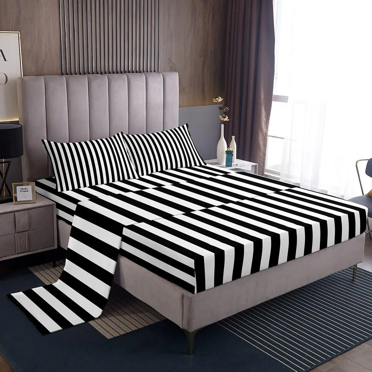 Black White Striped Bed Sheets Set Striped Bed Set Basic Simple Deep Pocket Fitted Sheet Geometric Breathable Soft Lightweight Microfiber