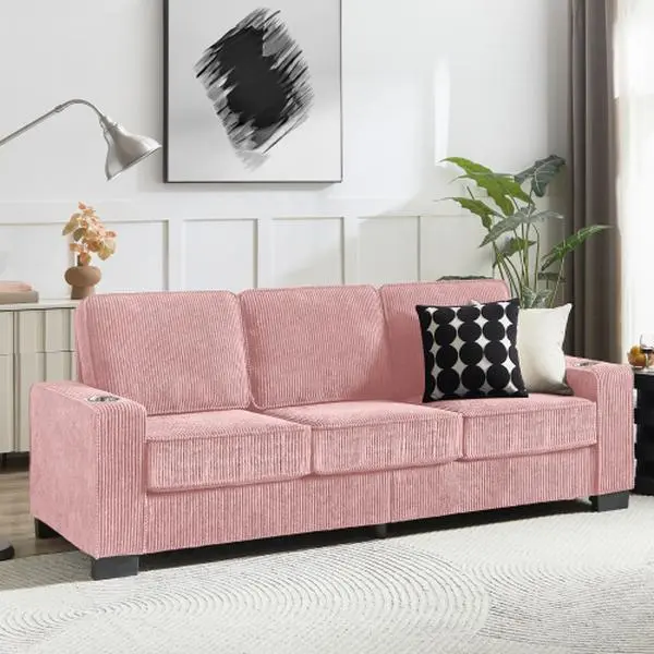 Pink 83.86in Corduroy Fabric 3-Seater Modern Comfy Couch - Sturdy Cushioned Sofas, Indoor Lounge Couch for Living Room, Game Room Family Use