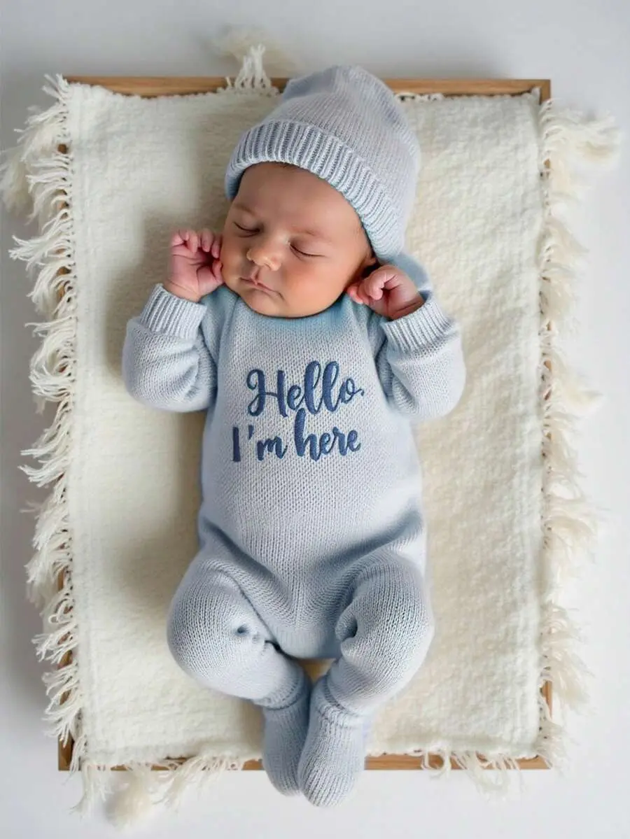 ROSY x  2Pcs Set Hello I'm Here Funny Graphic Embroidery Newborn Photography Outfits Knitting Navy Blue Romper Jumpsuit Hat Infant Photo Shoot Autumn Props