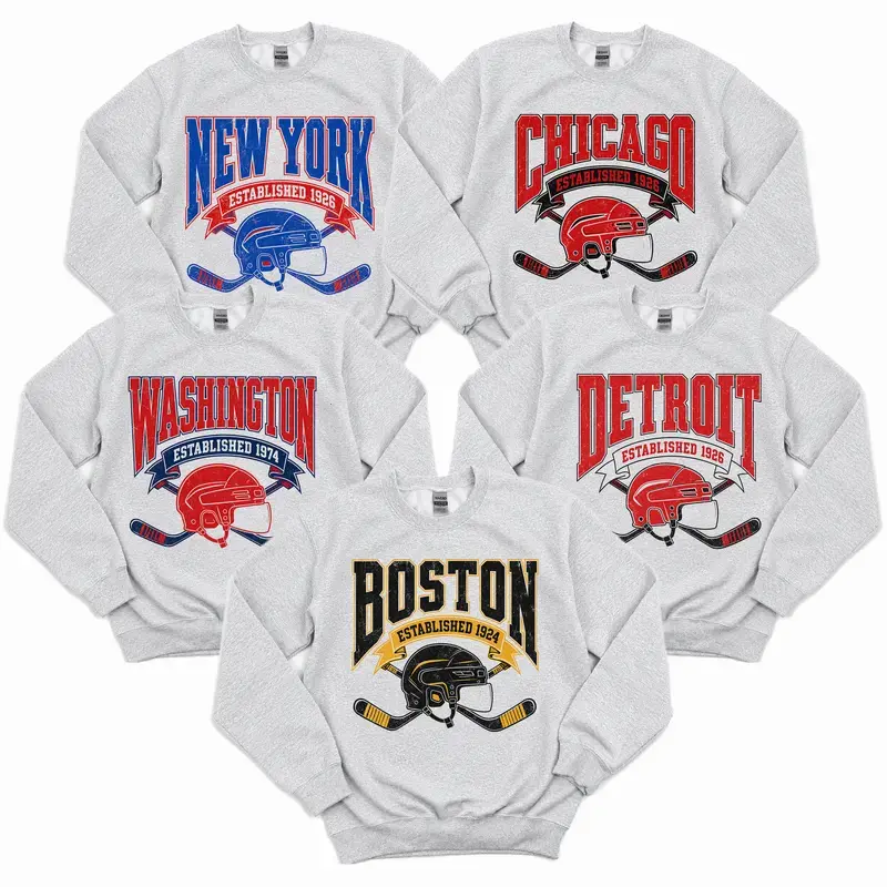 Gildan USA Vintage Hockey Sweatshirt - Unisex Ash Grey Crewneck Sweatshirt for Sport Fans, Vintage Hockey Shirt, 90s Style Classic Cotton