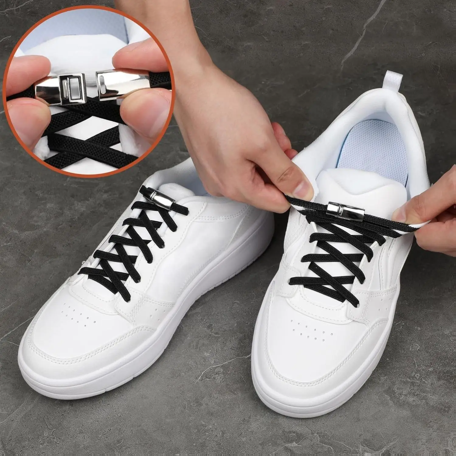 Elastic No-Tie Shoelaces for Sneakers, Lightweight Magnetic Buckle, 1 Size Fits All, Slip-On Comfort for Athletes & Travelers, White & Black Shoe Strings for Kids & Adults