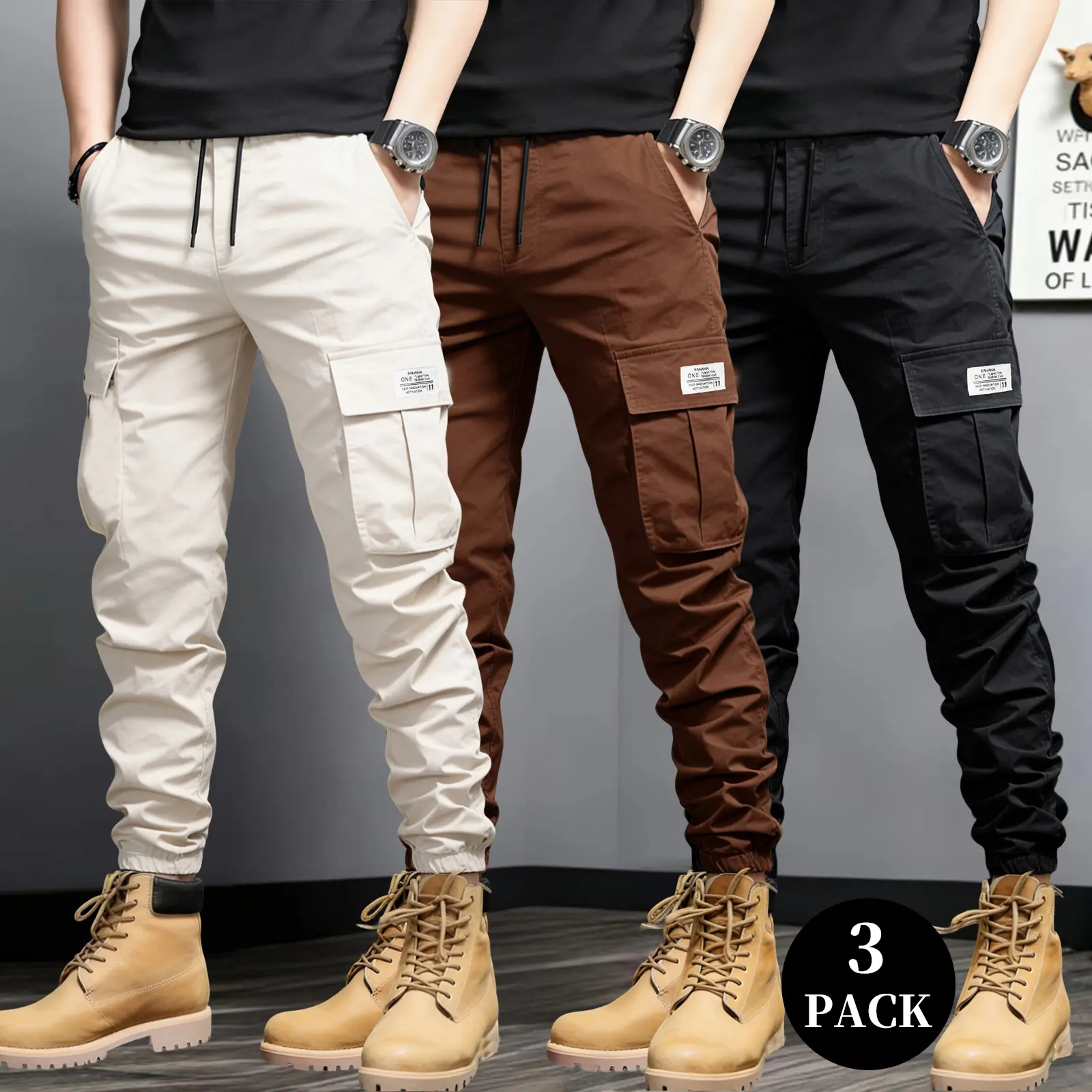 3-Pack Men’s Casual Multi-Pocket Cargo Jogger Pants, Slim Fit, Tapered Leg