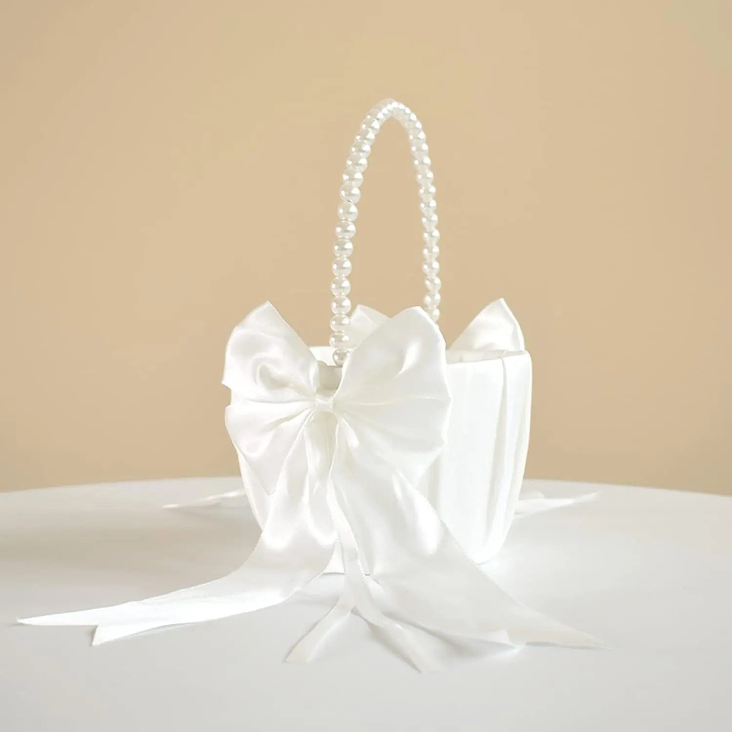 Wedding Flower Girl Basket with Cute Pearl Handle Bowknot Satin Flower Baskets for Wedding Ceremony - Ivory