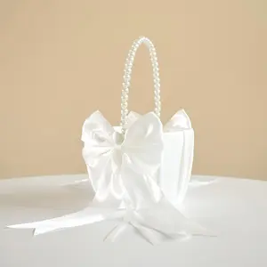 Wedding Flower Girl Basket with Cute Pearl Handle Bowknot Satin Flower Baskets for Wedding Ceremony - Ivory