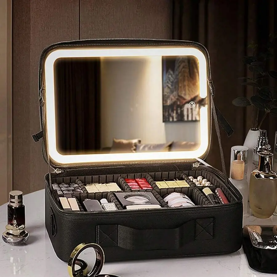 600mAh Travel Makeup Bag with Mirror, Large Capacity Cosmetic Storage Box, Beauty Organizer, Portable Makeup Organizer Case, Makeup Pouch, Cosmetic Pouches, Makeup Brush Holder, Makeup Brushes Compartment, For Lipstick, Skincare, Mobile Phone