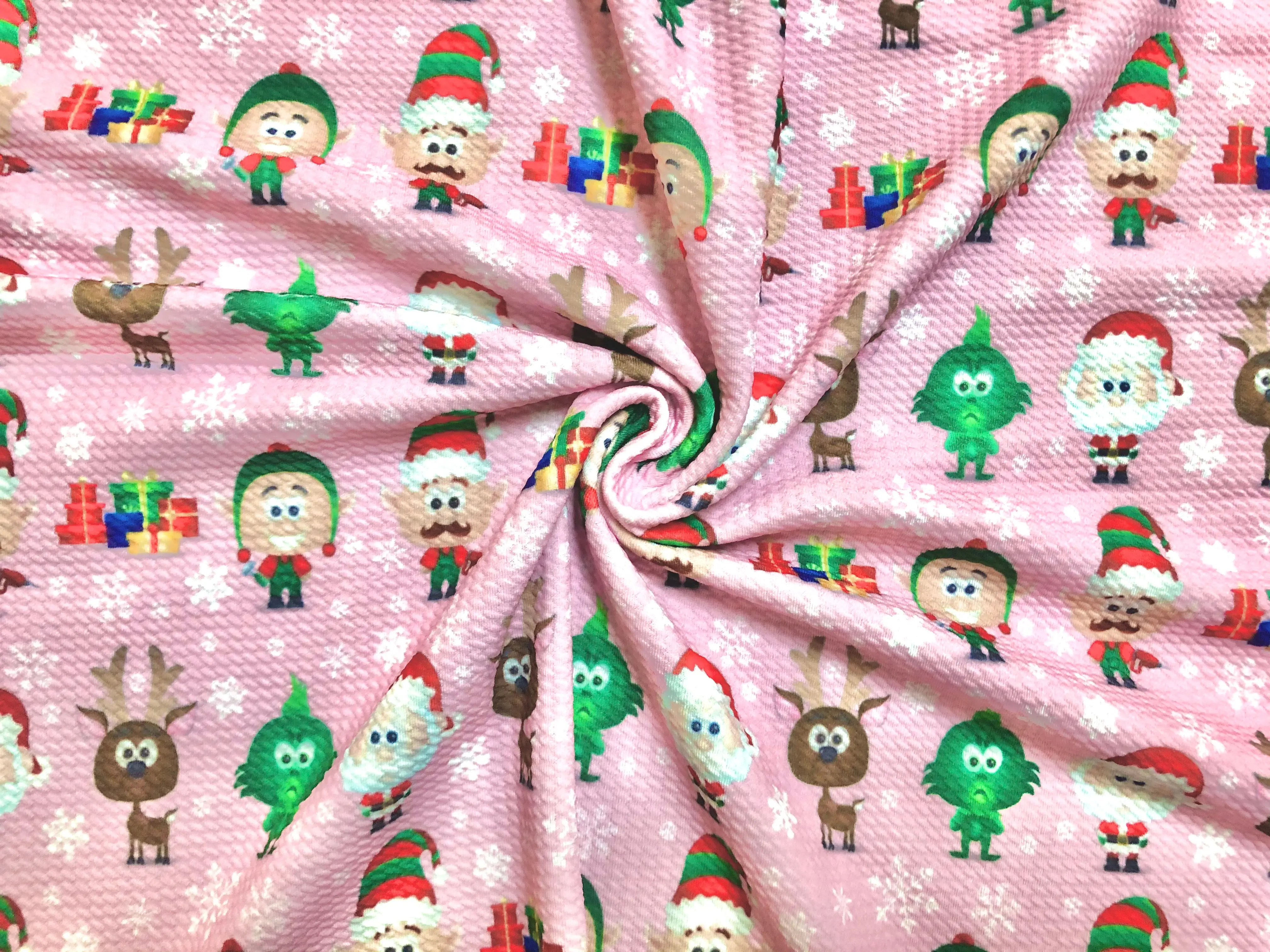 Pink Santa/Reindeer/Elf & Snowflake Christmas Bullet Knit Fabric – 4 Way Stretch, 58" Wide, 200 GSM – By the Yard