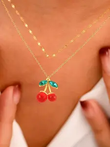 Women's Stainless Steel Layered Necklace Set, Cute Cherry Pendant Design, Chain, All-Season Jewelry Accessory