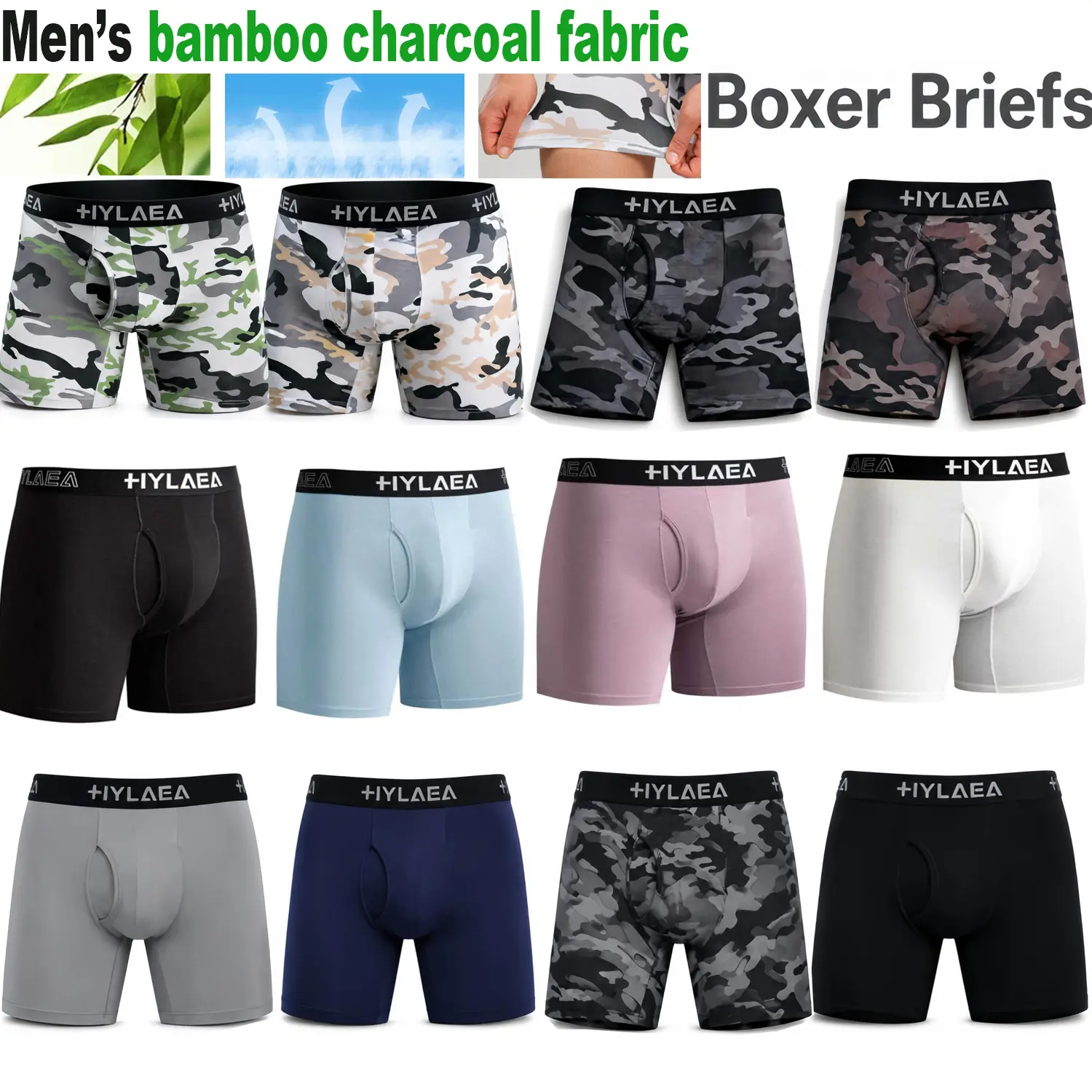 Men's Bamboo Fiber Boxer Briefs | 5 Inch Leg, Camo & Solid Colors Anti-Chafing, Breathable Moisture Wicking Sweatproof Underwear Non-Roll Waistband, All-Season Daily Wear