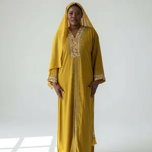 Yasmine Yellow Opened Abaya Front Opened Abaya Kimono with Embroidered Details