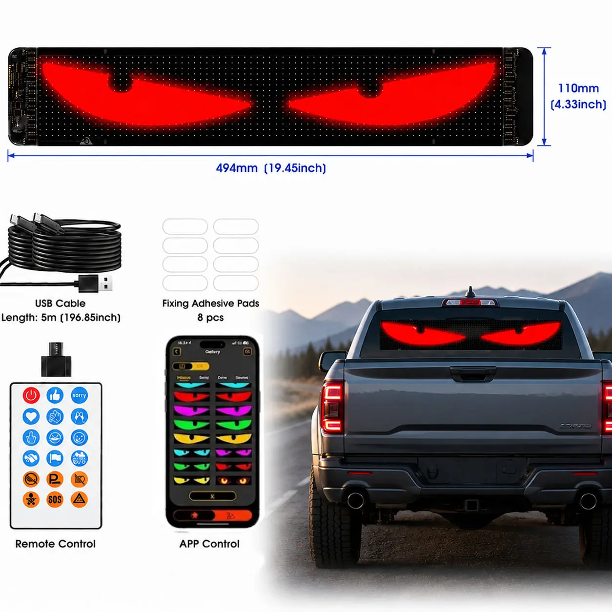 LED Eyes for Car Windshield 19.37'' x 4.33'', Programmable Animated Devil Eyes Light for Windshield, APP Control Customizable LED Matrix Display for Cars, SUVs