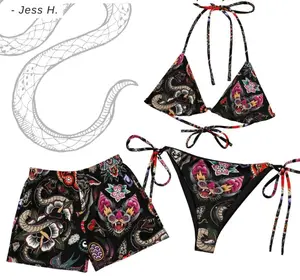 Phantom Flash String Bikini Set + Men's Beach Shorts, Summer Vacation Swimsuit, Vintage Bikini Style