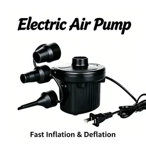 Portable multifunctional electric air pump with one-button quick inflation and deflation, compatible with car air mattresses, inflatable boats, pool toys, outdoor rafts, and other inflatable items. Compact and easy to store