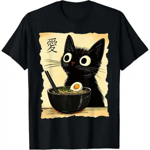 Men's Cat Ramen Graphic T-Shirt, Japanese Kawaii Anime Style, 100% Soft Cotton Short Sleeve Round Neck Fashion Top