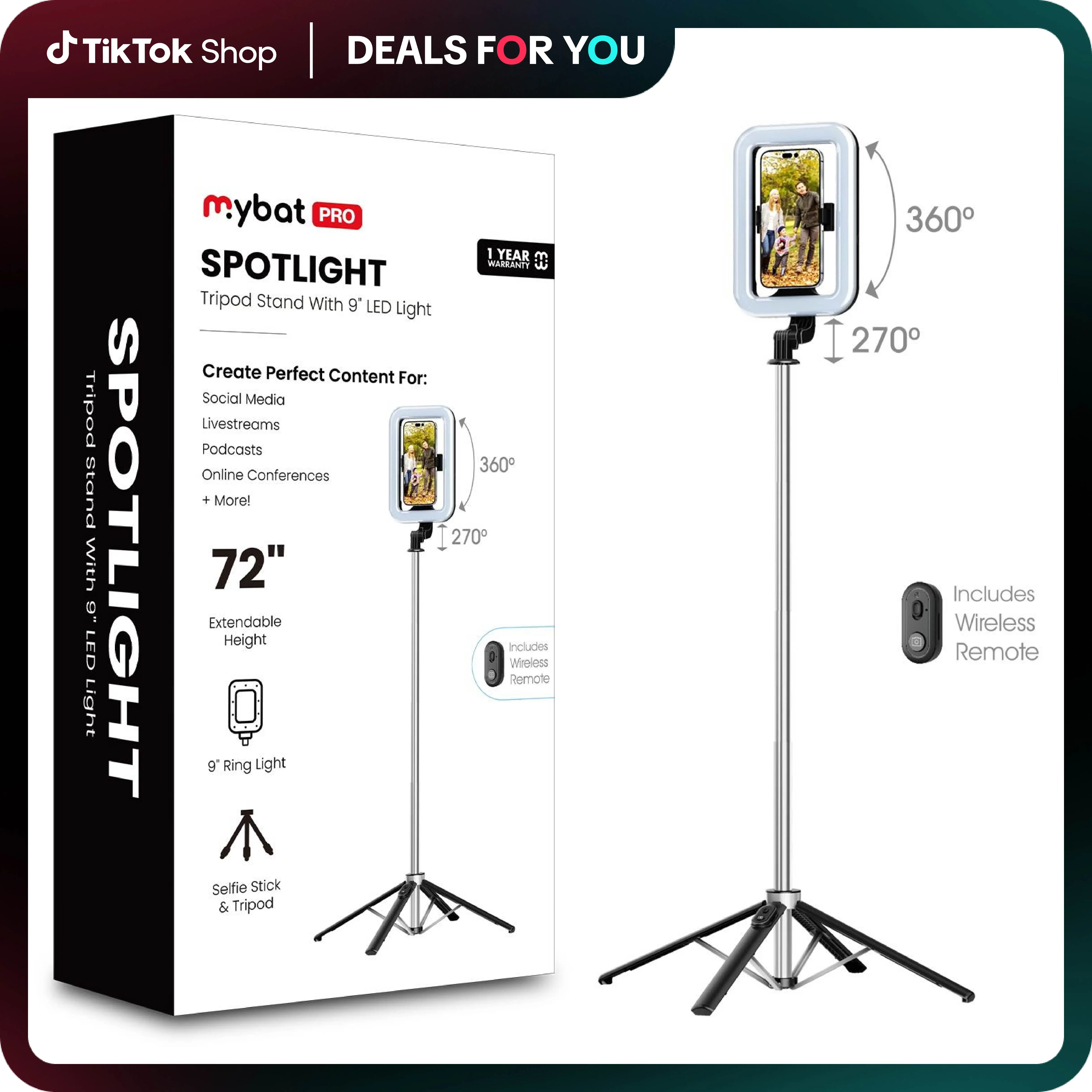 MyBat Pro Upgraded Selfie Stick With Fill Light, 72" Phone Tripod with Wireless Remote, Bluetooth Camera Video Recording for iPhone, Android Vlogging