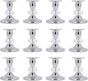 Candle Holders Set - 12pcs Silver Taper Candlestick Holders Vintage Brass,Crystal Candle Stands Elegant Candlestick Holders Set for Centerpiece Fireplace Candle (Silver, 6 Sets(12 Pcs))