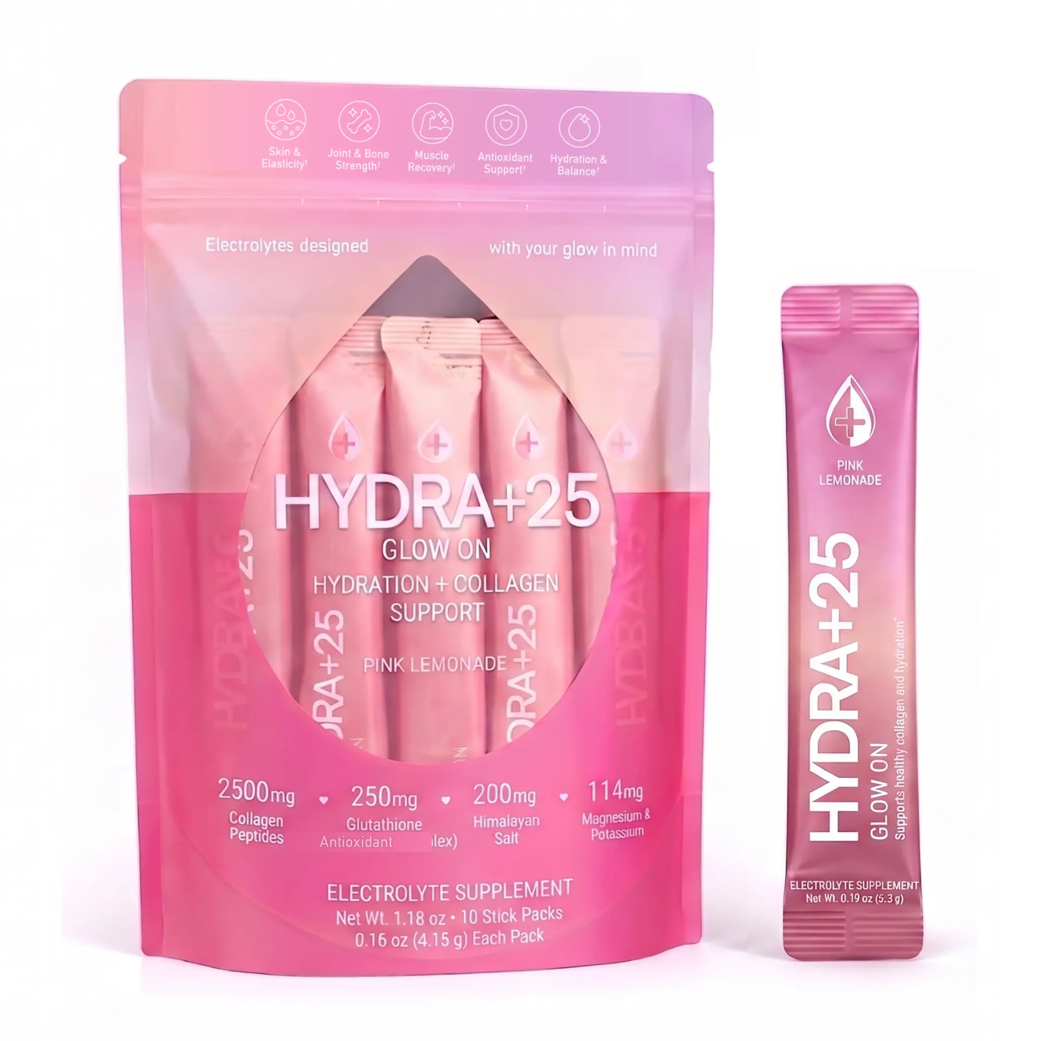 Hydra+25 Sugar-Free Pink Lemonade Hydration Drink Mix Packets for Adults, with Collagen Peptides, Electrolytes, Magnesium, Himalayan Pink Salt, Gluten-Free, Low-Calories